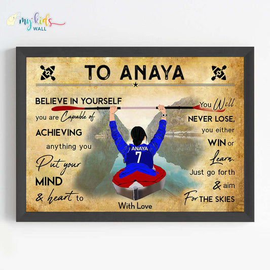 Motivational kayaking girl wall art black frame