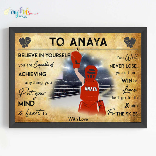 Motivational kick boxing girl wall art black frame