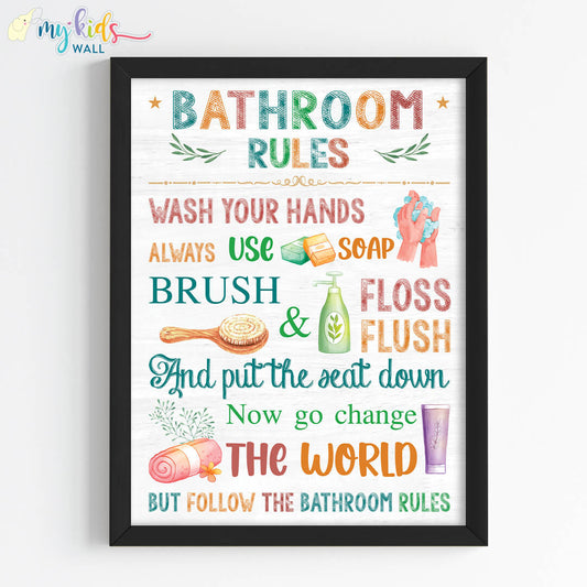 inspirational kids bathroom rules wall art black frame