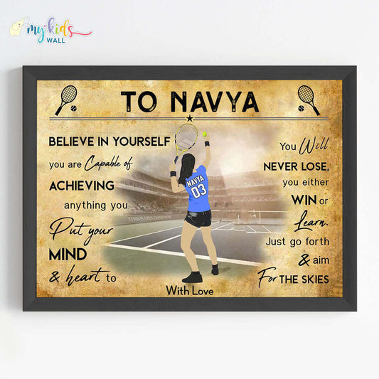 Motivational lawn tennis player girl wall art black frame