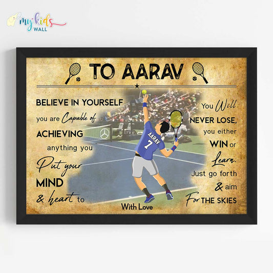 Motivational lawn tennis right handed player boy wall art black frame