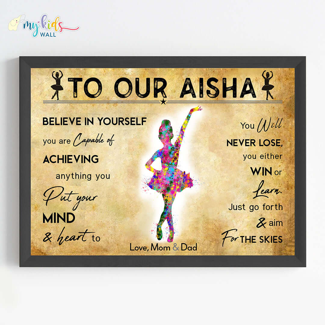 Motivational little ballerina girl wall art black frame