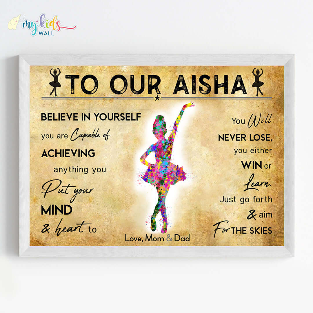 Motivational little ballerina girl wall art white frame