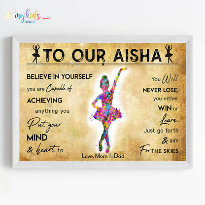 Motivational little ballerina girl wall art white frame