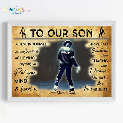 Motivational M J style break dancer wall art white frame