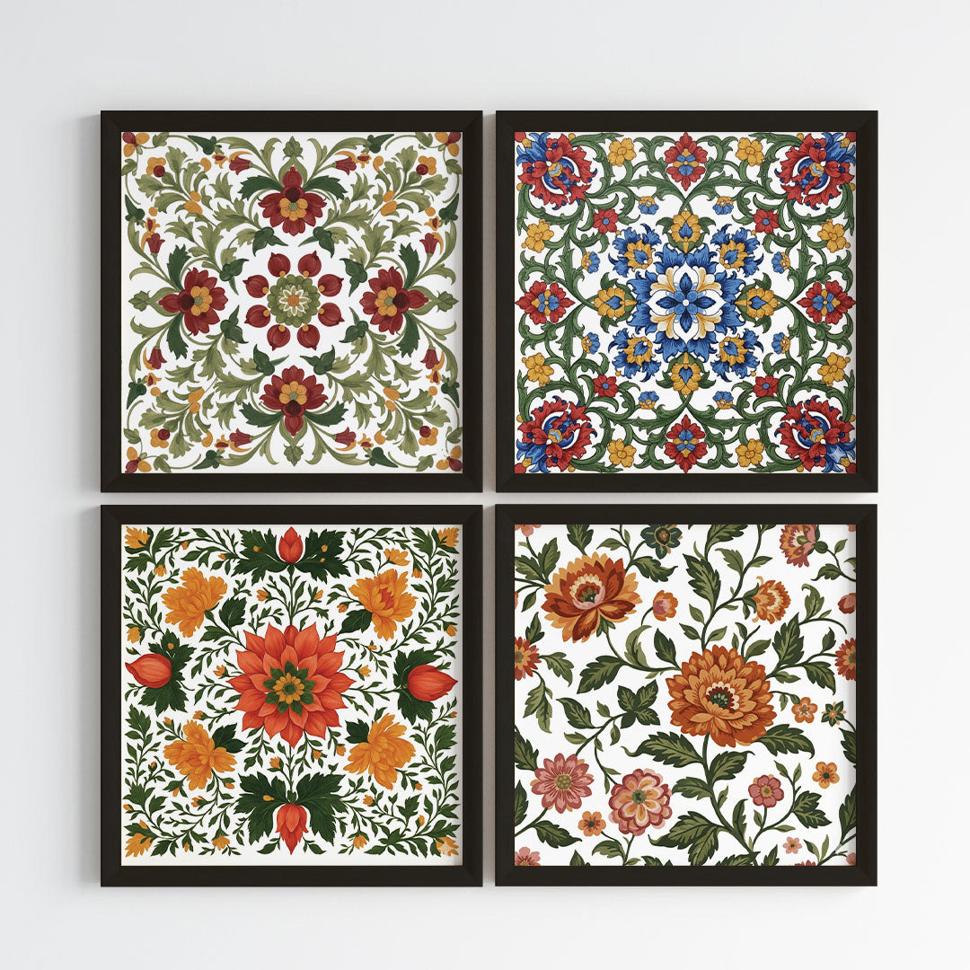 Madhubani Floral Harmony Wall Art (Framed)