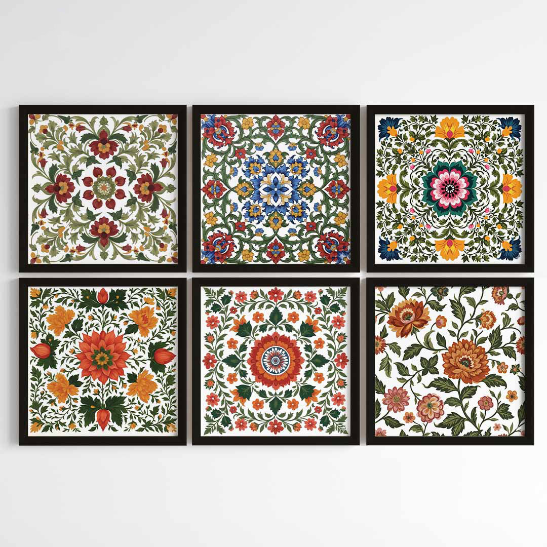 Madhubani Floral Harmony Wall Art (Framed)