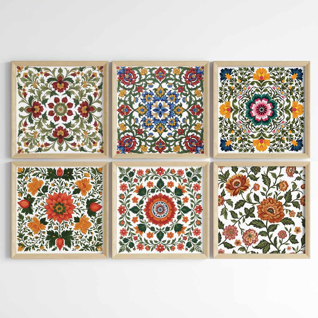 Madhubani Floral Harmony Wall Art (Framed)