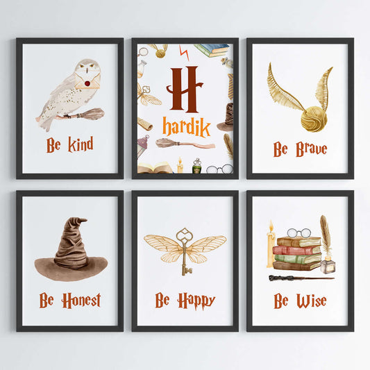 Inspirational magical wizard set of 6 wall art black frame