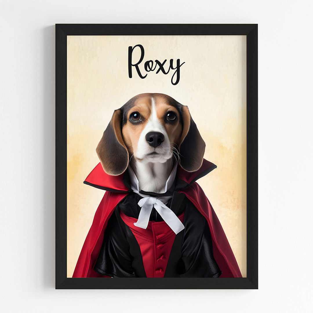 Pet portrait of a dog as a magician manager in black frame