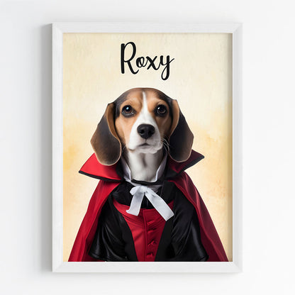 Pet portrait of a dog as a magician manager in white frame