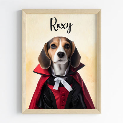 Pet portrait of a dog as a magician manager in wooden frame