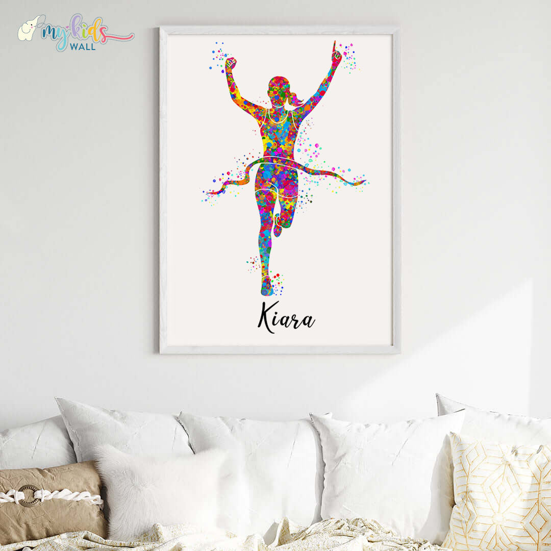 Marathon Winner Girl Personalised Wall Art Big Frame White