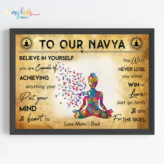 Motivational meditating yogi girl wall art black frame