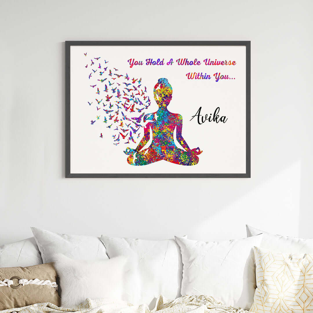 Inspirational meditating yogi wall art black frame