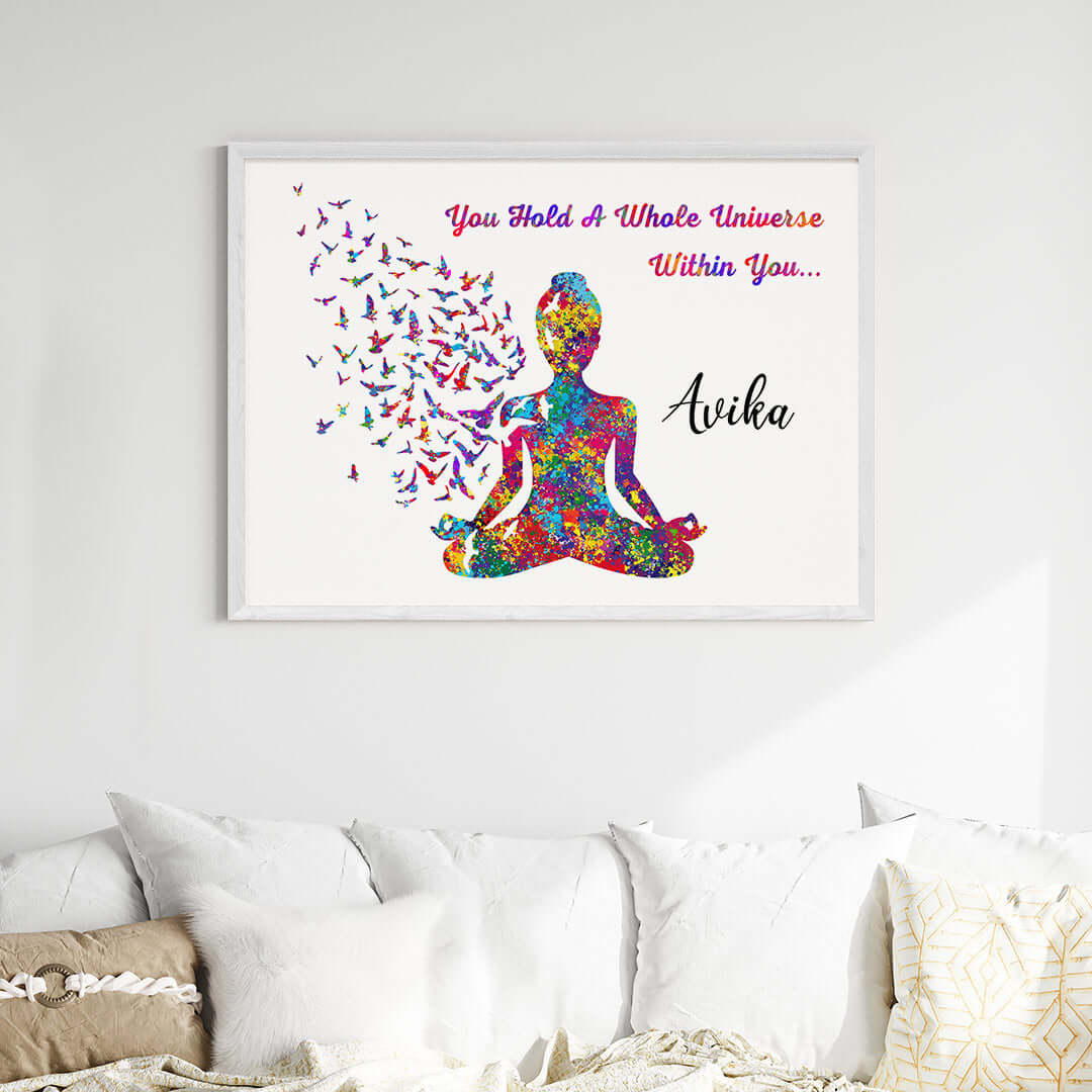 Inspirational meditating yogi wall art white frame