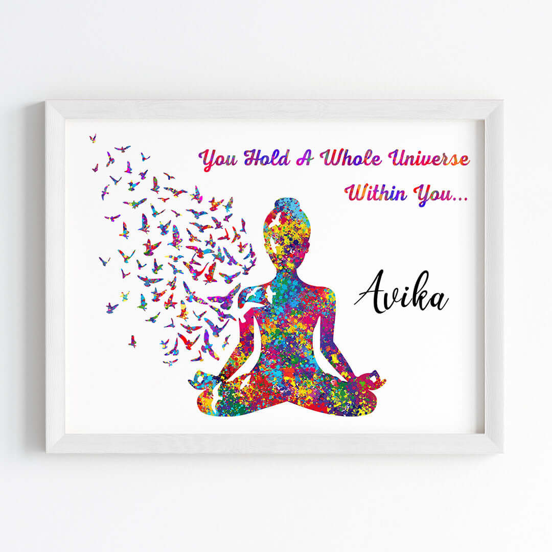 Inspirational meditating yogi wall art white frame