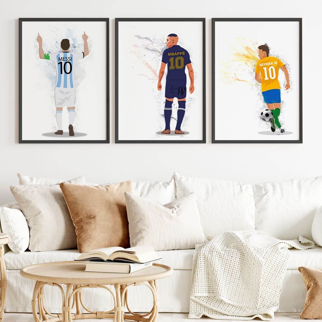 Inspirational messi mbappe neymar  set of 3 wall art black frame