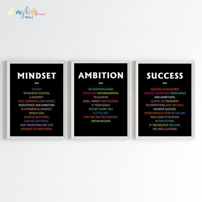 Inspirational success quote set of 3 white frames