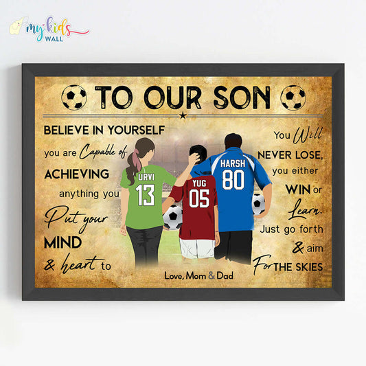 Motivational football mom, dad & son wall art black frame