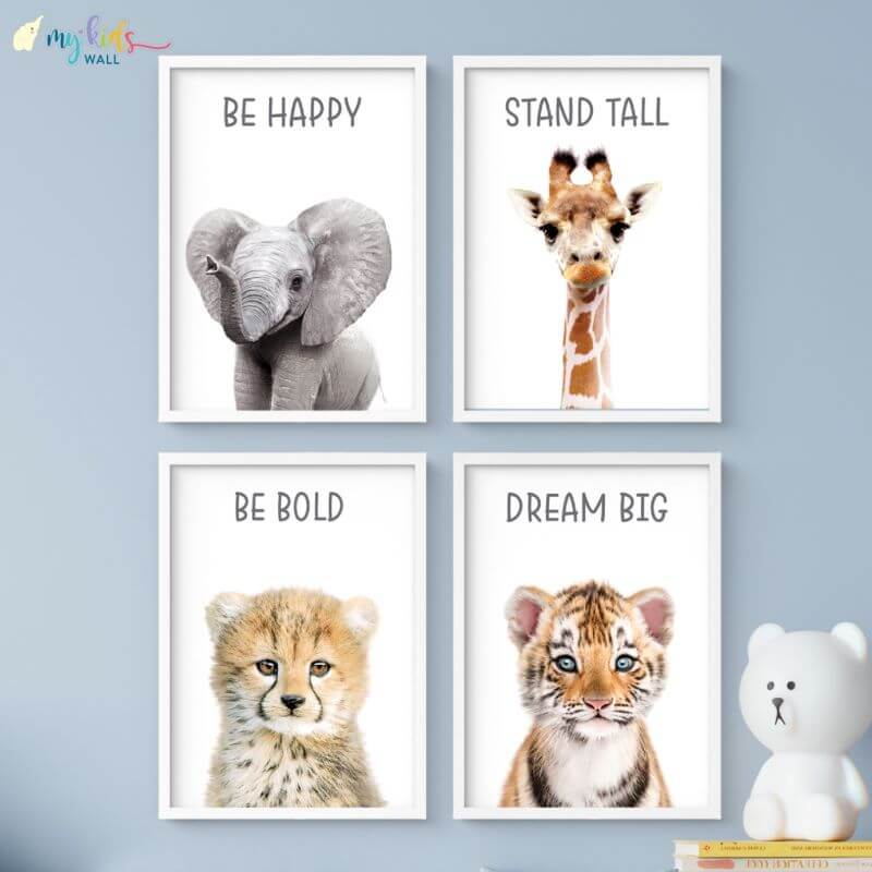 Inspiraional baby animals set of 4 wall art white frame