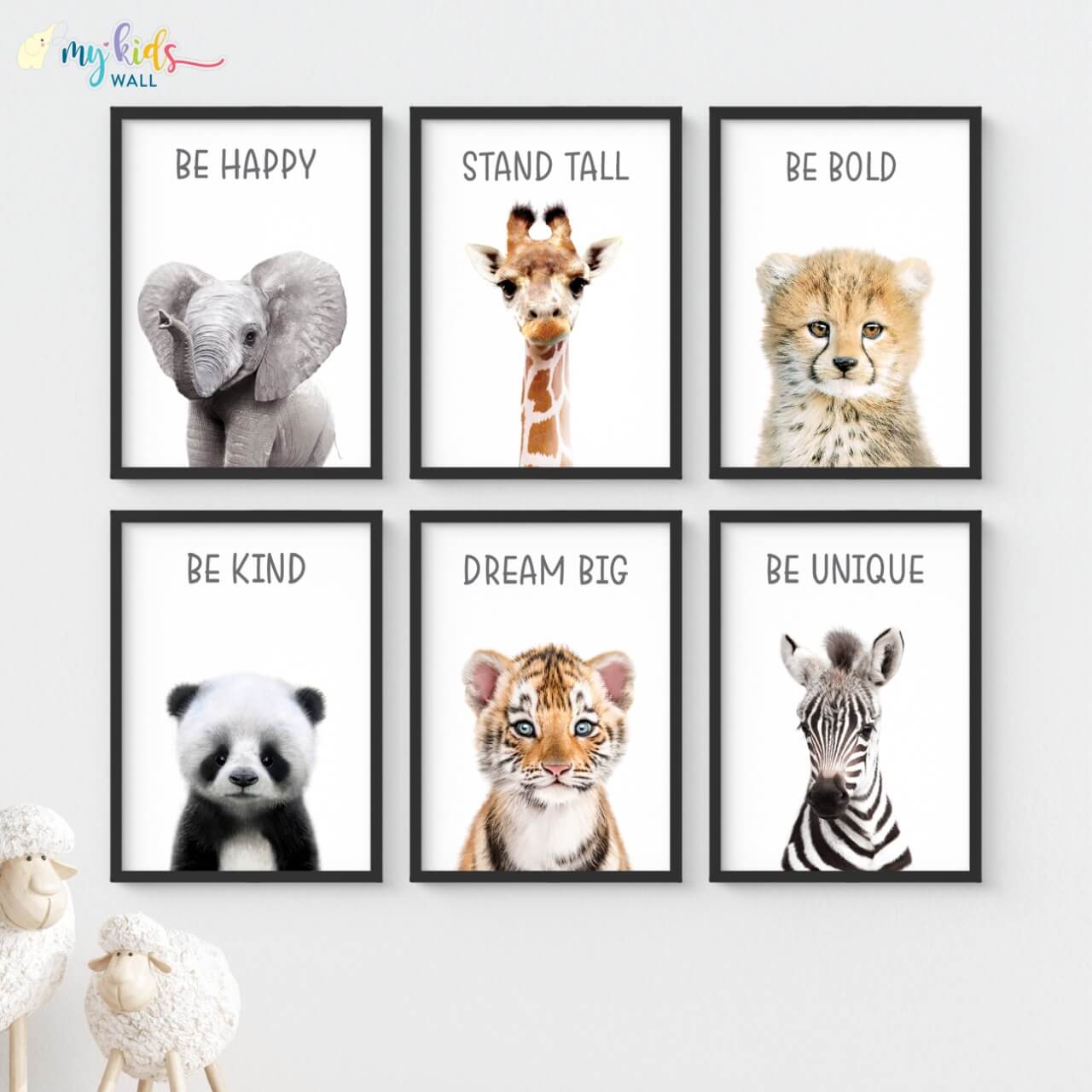 Inspiraional baby animals set of 6 wall art black frame