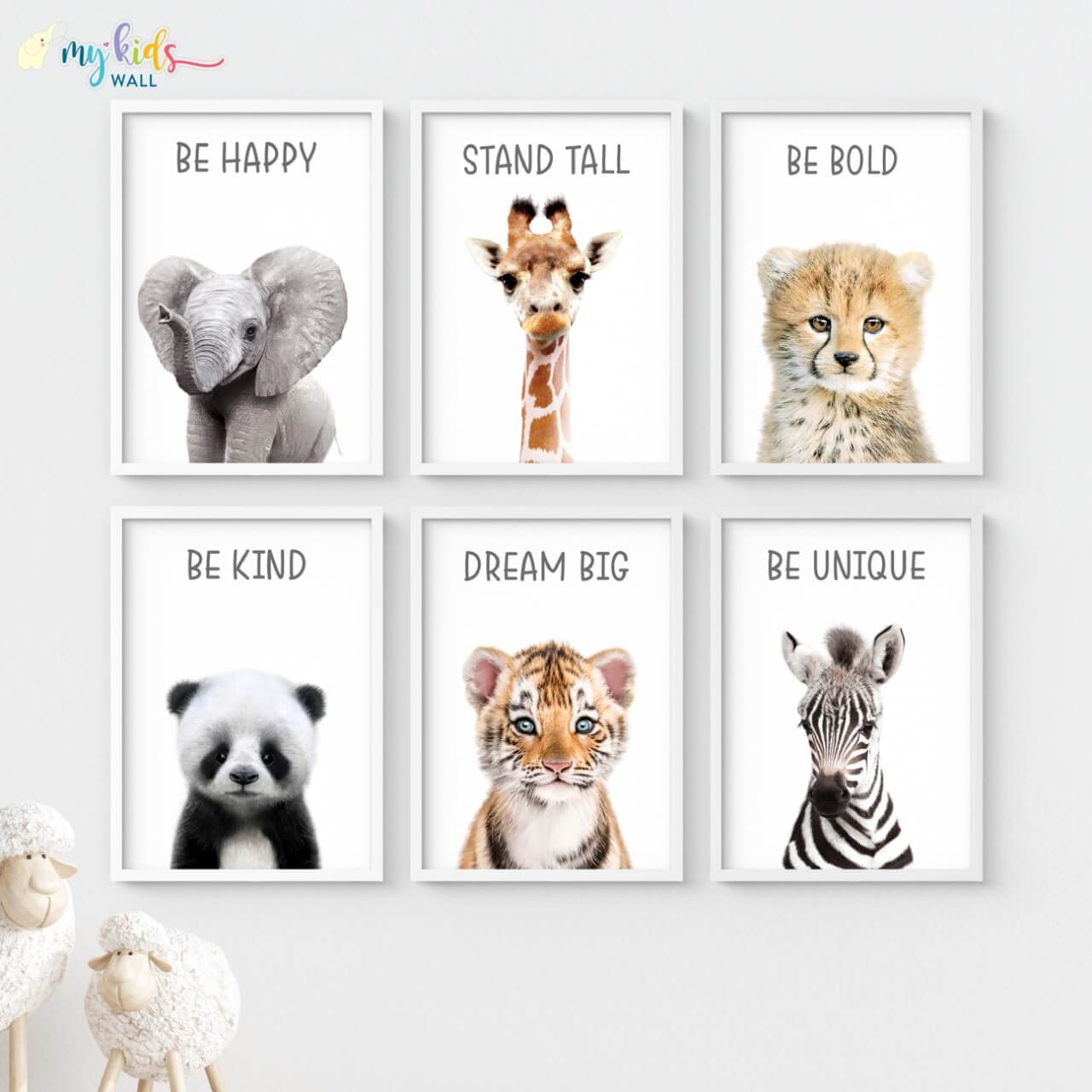 Inspiraional baby animals set of 6 wall art white frame