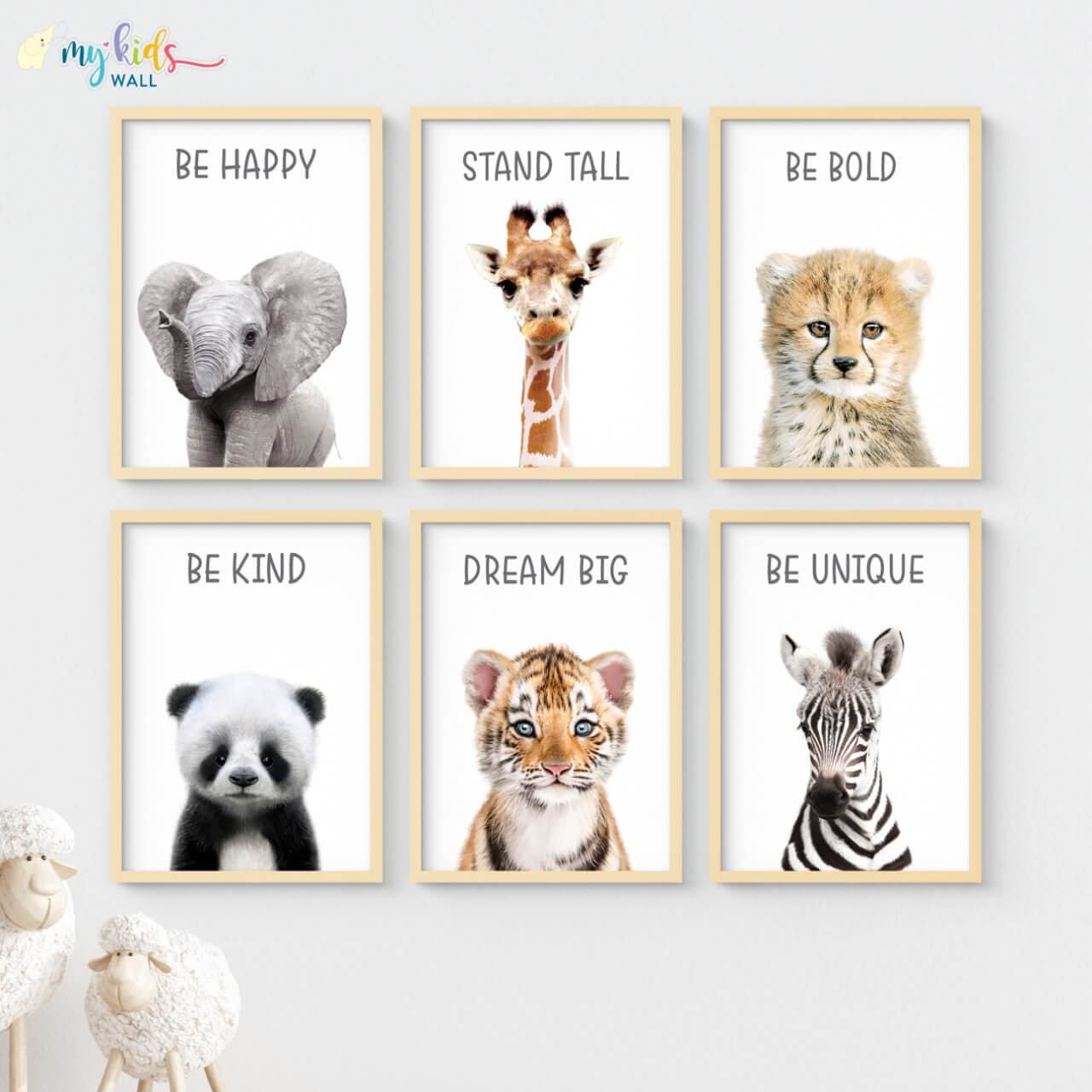 Inspiraional baby animals set of 6 wall art wooden frame