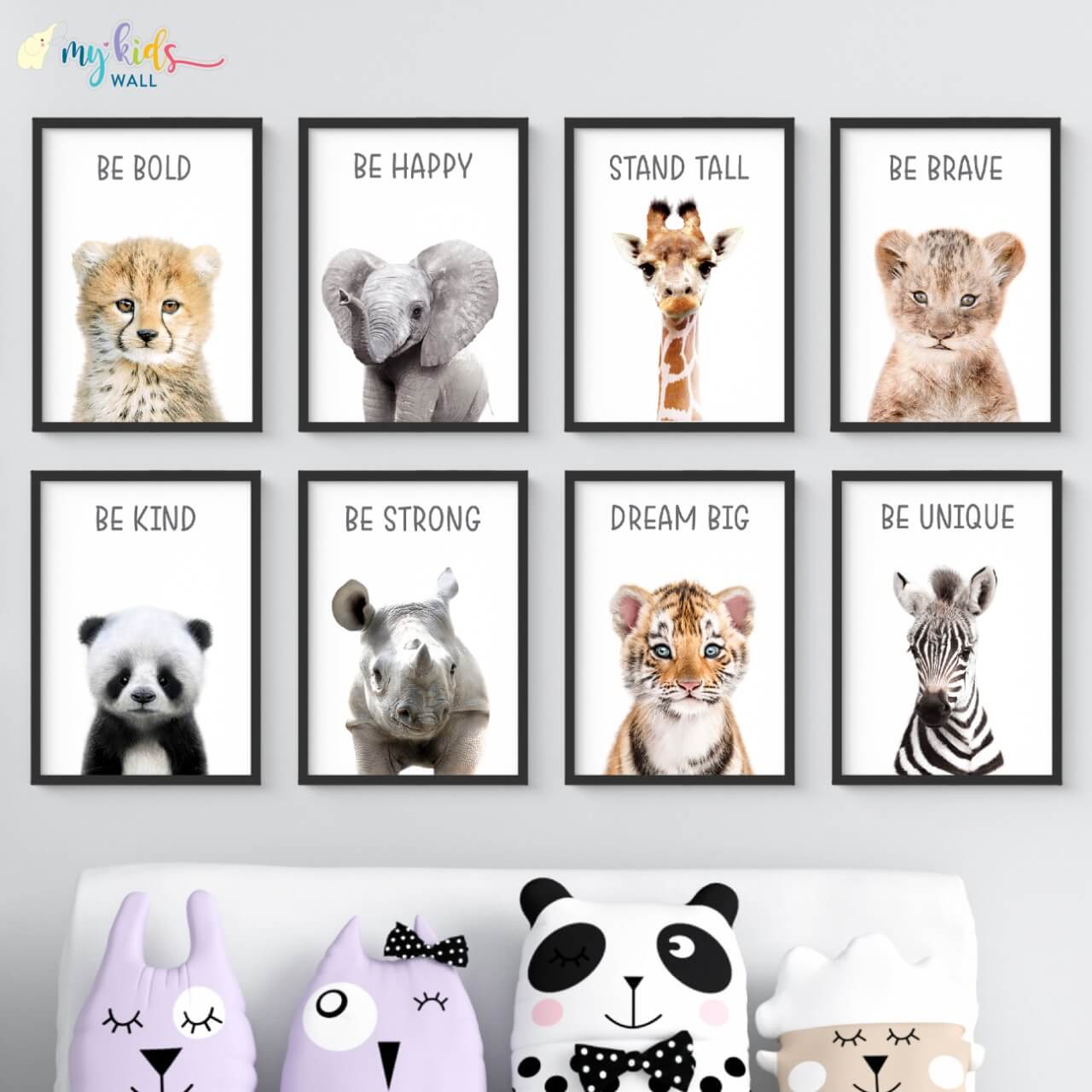 Inspiraional baby animals set of 8 wall art black frame