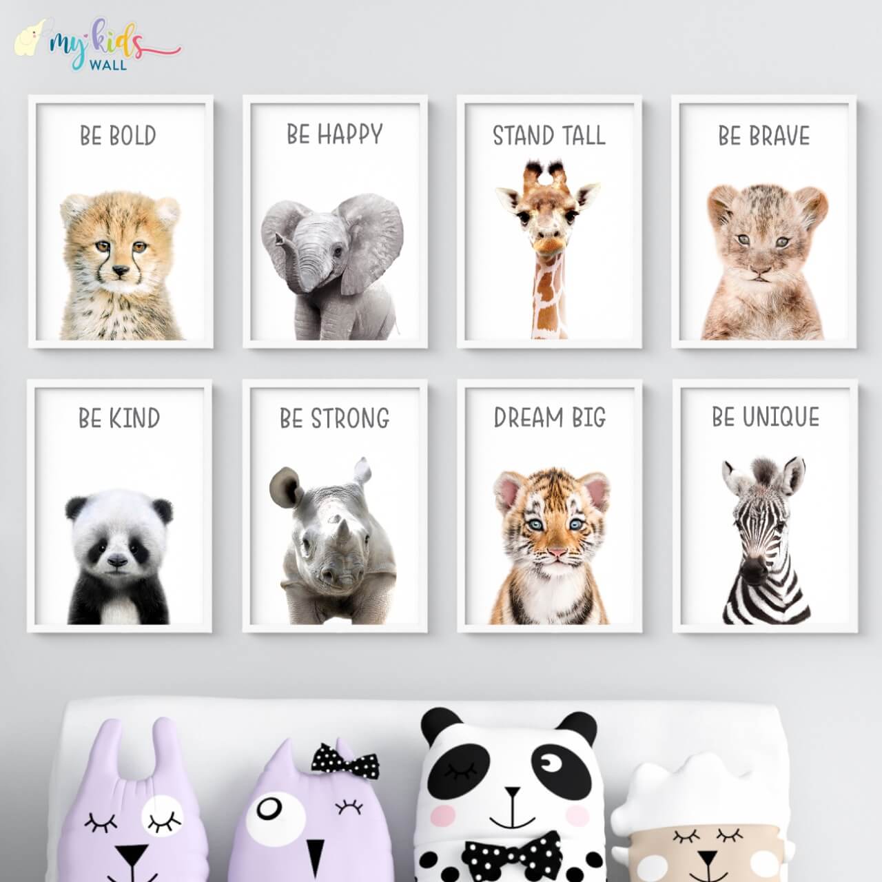 Inspiraional baby animals set of 8 wall art white frame