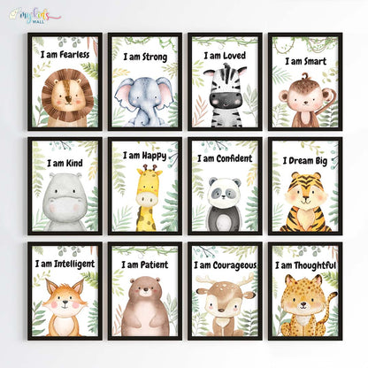 Inspirational baby safari animals set of 12 wall art black frames