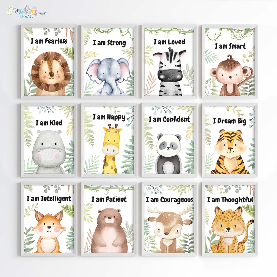Inspirational baby safari animals set of 12 wall art white frames