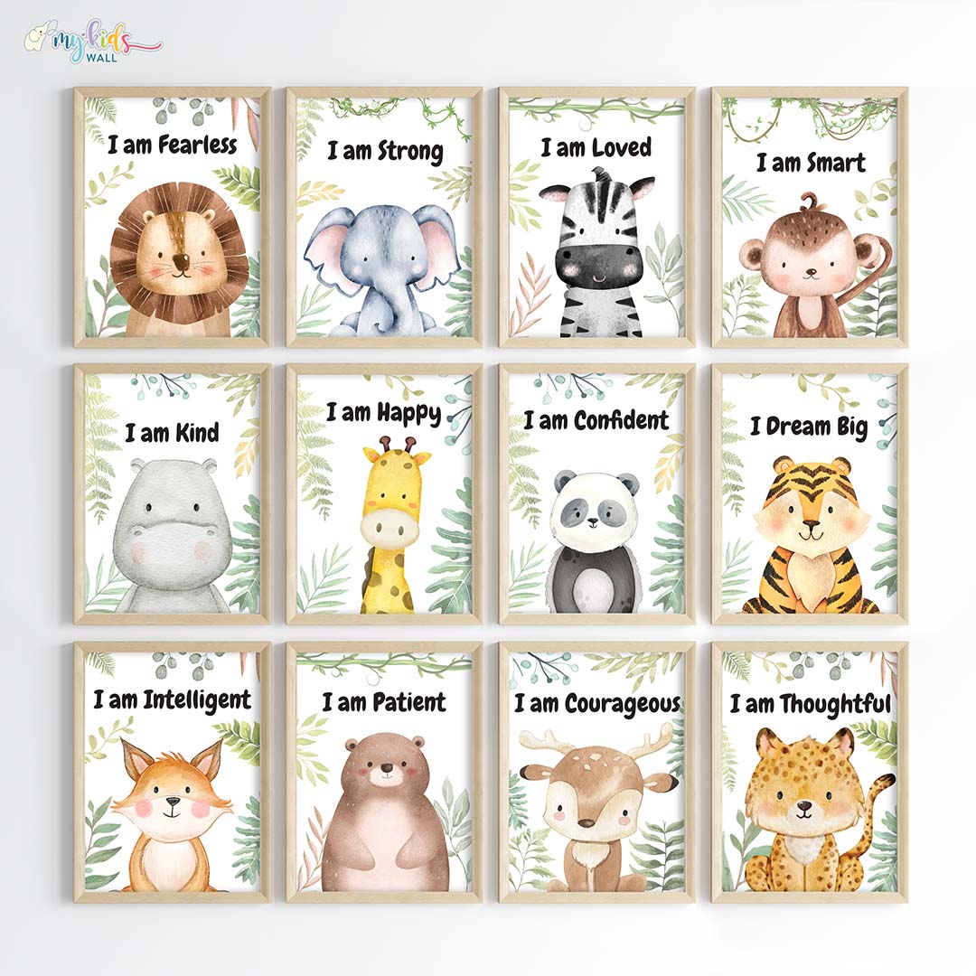 Inspirational baby safari animals set of 12 wall art wooden frames