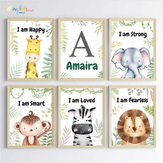 Inspiraional baby safari animals set of 6 wall art wooden frame