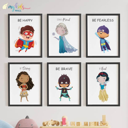 Princesses & superheroes set of 6 wall art black frame