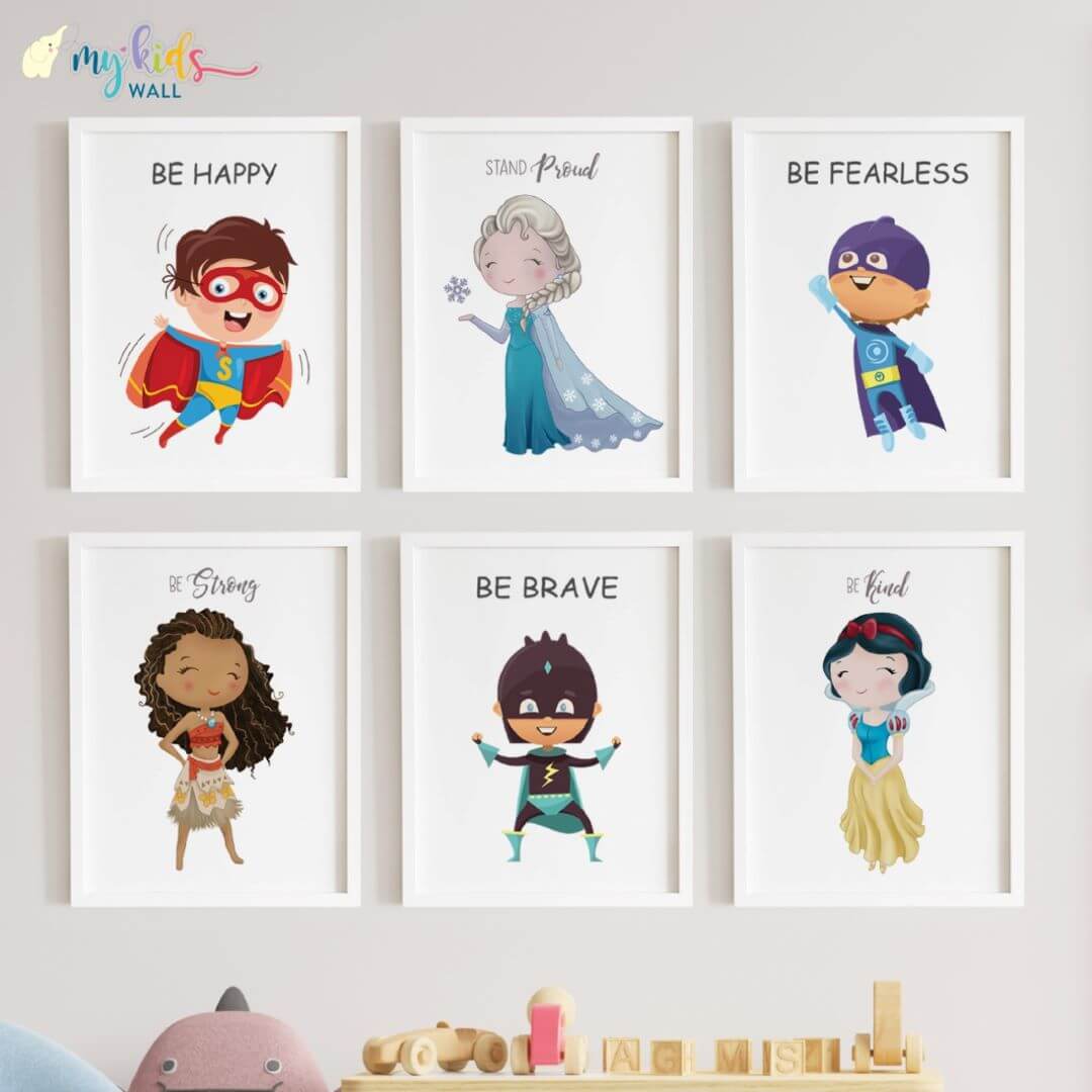 Princesses & superheroes set of 6 wall art white frame