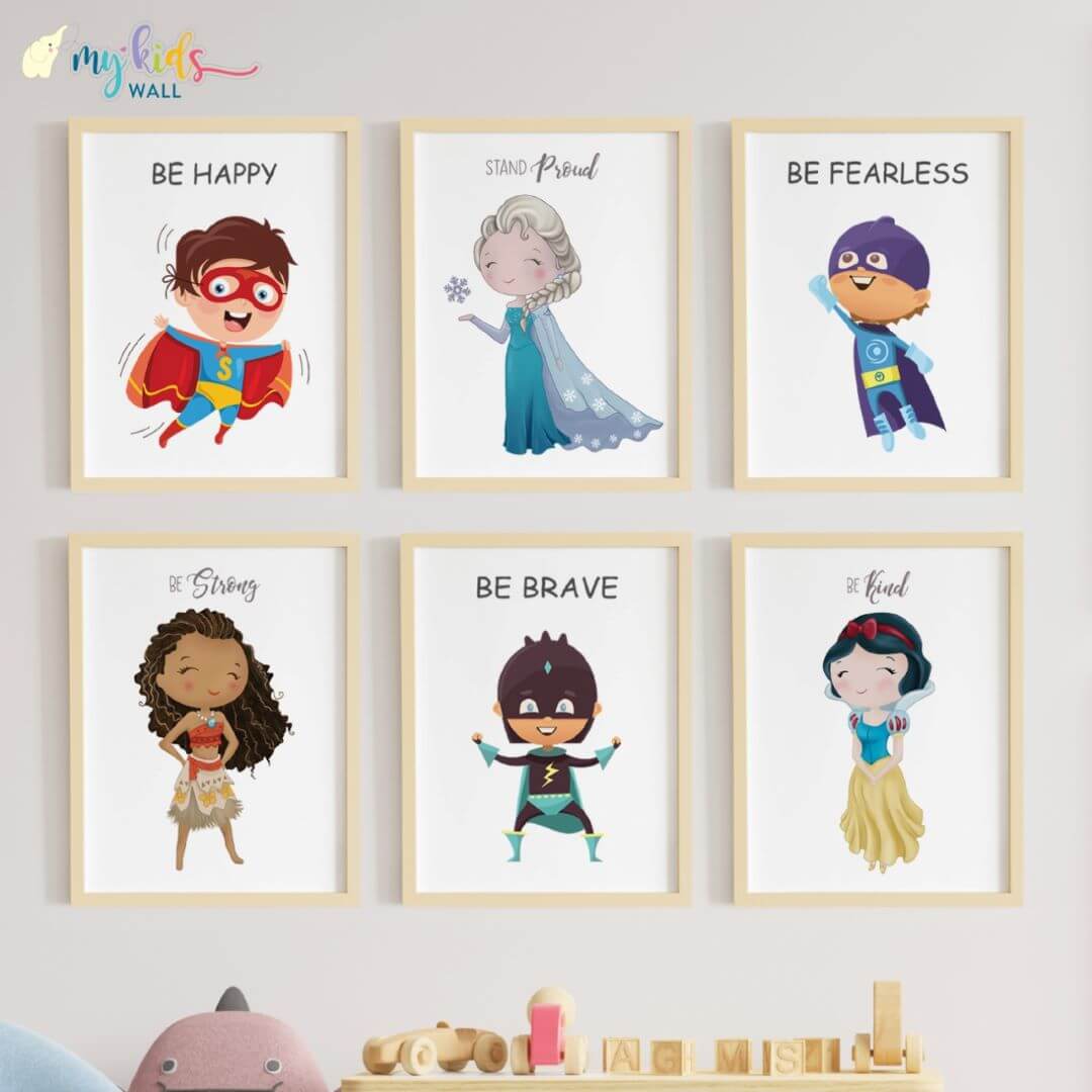 Princesses & superheroes set of 6 wall art wooden frame