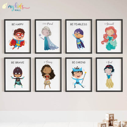 Princesses & superheroes set of 8 wall art black frame