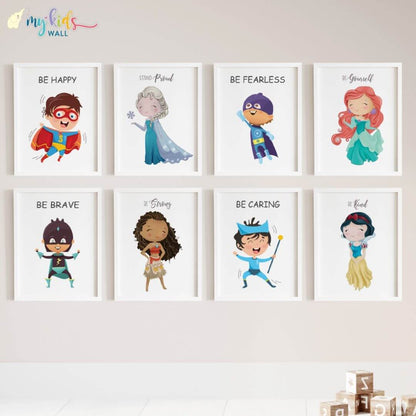 Princesses & superheroes set of 8 wall art white frame