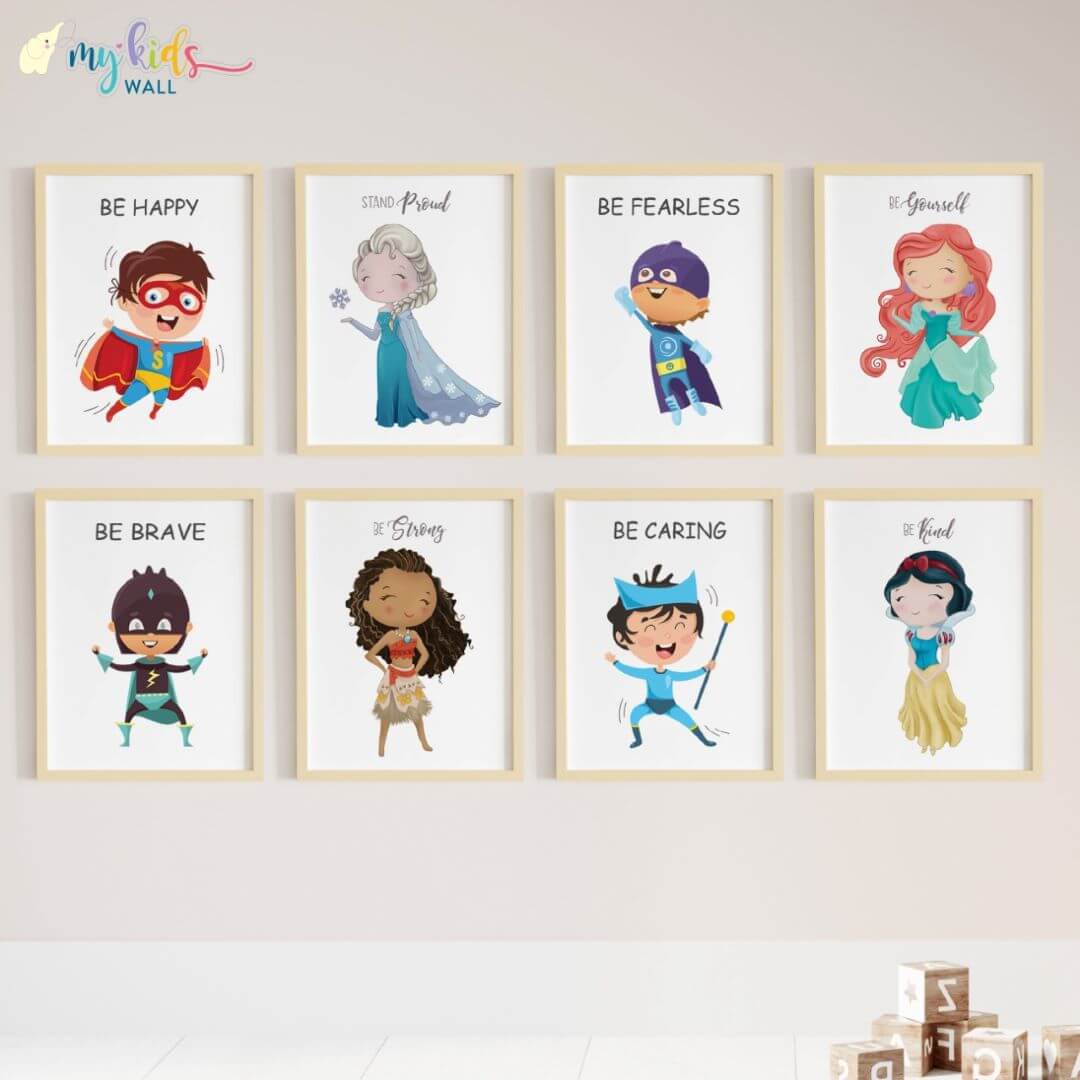 Princesses & superheroes set of 8 wall art wooden frame