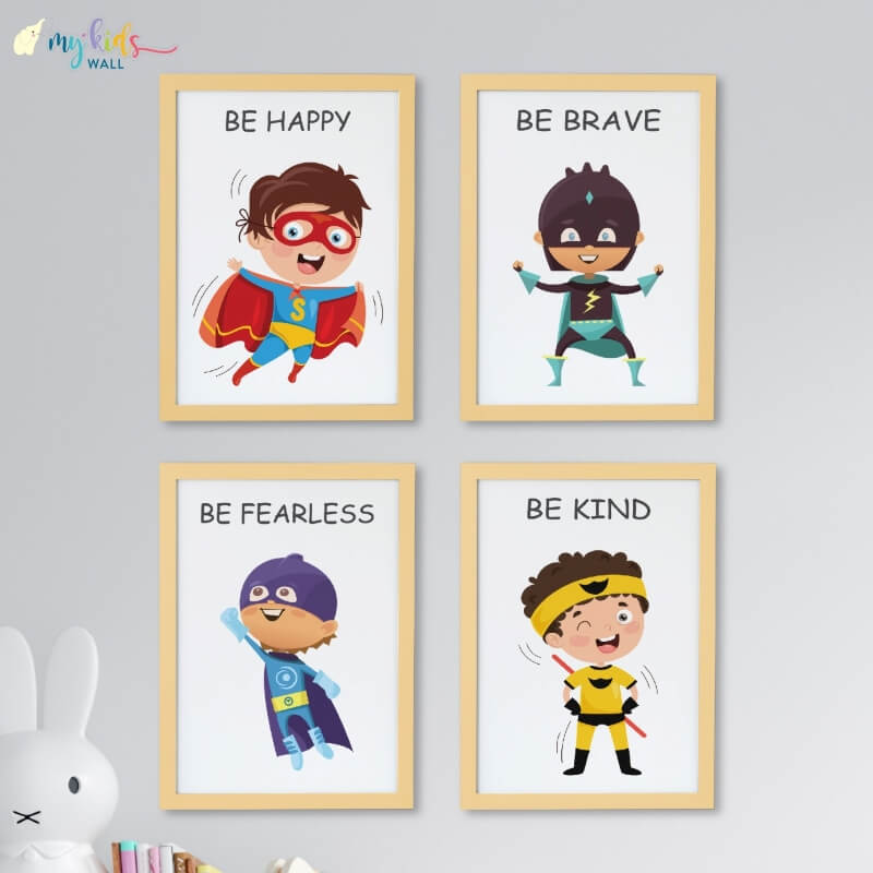 Inspirational superheroes set of 4 wall art wooden frame