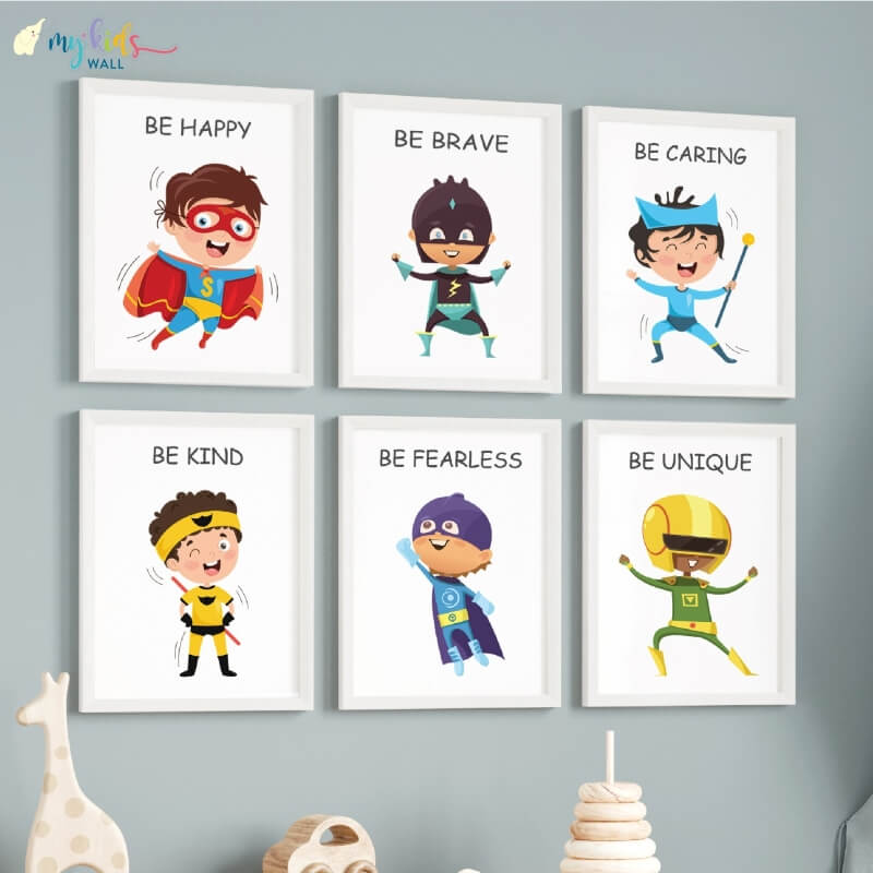 Inspirational superheroes set of 6 wall art white frame