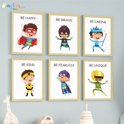 Inspirational superheroes set of 6 wall art wooden frame