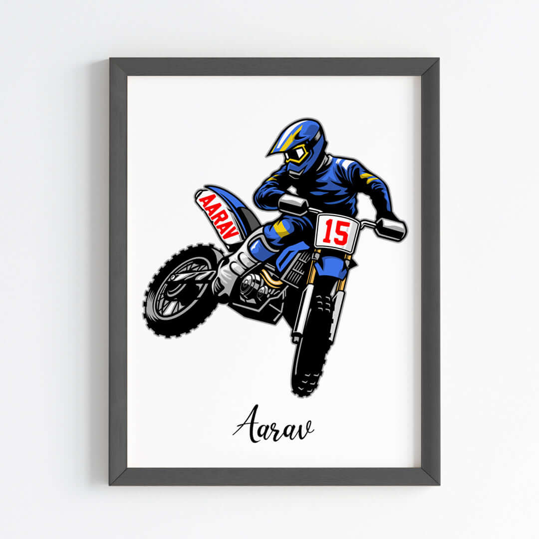 Inspirational  motor bike blue racer wall art black frame