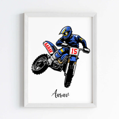 Inspirational  motor bike blue racer wall art white frame