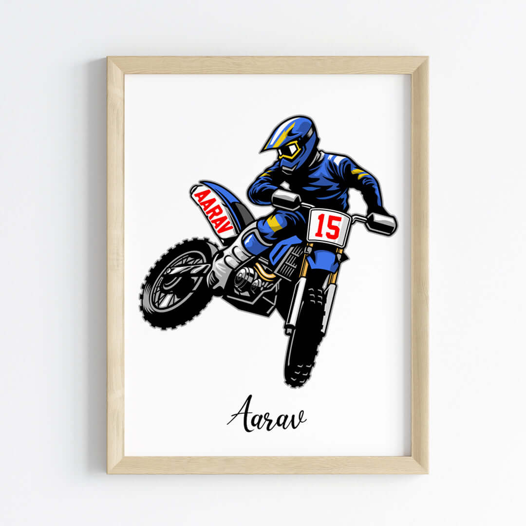 Inspirational  motor bike blue racer wall art wooden frame