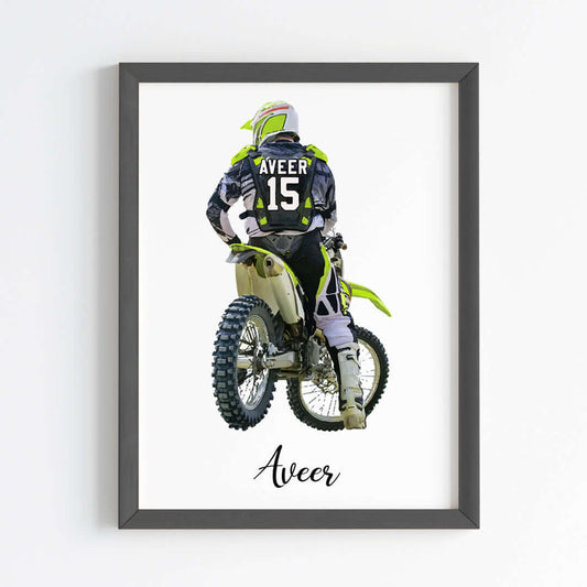 Inspirational  motor bike green racer wall art black frame