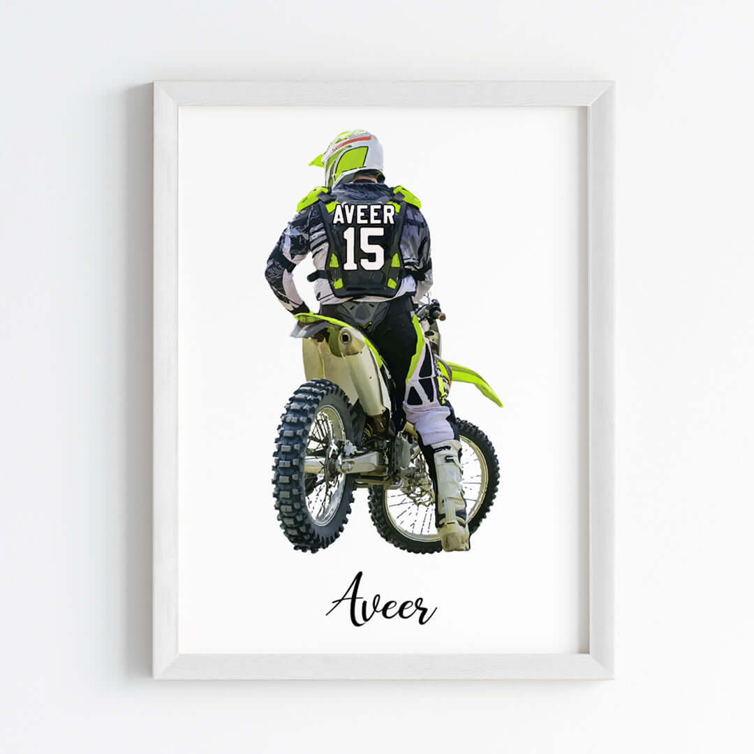 Inspirational  motor bike green racer wall art white frame