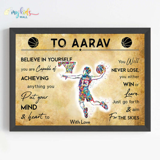 Motivational basketball player wall art black frame