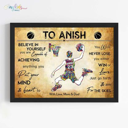 Multicolor Basketball Player Boy Personalized Motivational Wall Art Framed Black